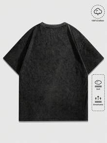 ROMWE MEN Goth 男士圆领翅膀印花休闲百搭日常短袖T恤 - 黑色 - 查看 2