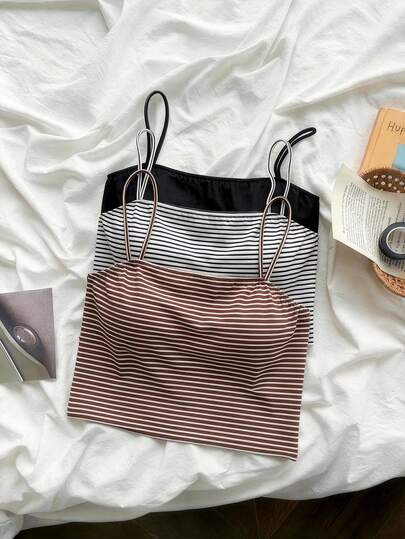 GlowEve CURVE Plus Size Women's Striped Camisole Combo Pack, Includes Black & White Stripes, Solid Black & White, Fitted Waist, Elegant For Vacation, Daily Wear, Commute, Date, French Street Style, Retro Casual, Versatile For Spring & Summer