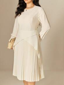 Juhart 大码女式梭织常规优雅圆领长袖褶皱米色连衣裙，秋冬 - 米色 - 查看 5