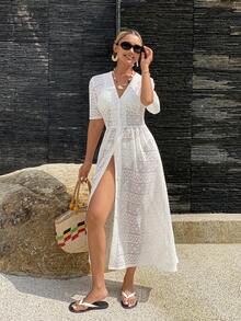 DAZY Women's V-Neck Short Sleeve Lace Fabric Waist Cinched Vacation Style Casual Elegant Dress - White - View 3