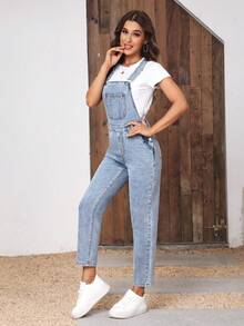 SHEIN Tall Bộ áo liền quần denim nữ kiểu dáng thường ngày có túi - Rửa nhẹ - Xem 5