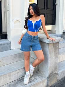 SHEIN PETITE Casual Washed Loose Denim Shorts, Summer - Blue - View 7