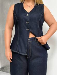 EURMUSE Woman Denim Set Smart Casual Sleeveless Vest And High Waist Straight Jean - Dark Wash - View 4