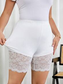 SHEIN Clasi 两件套加大码女式打底裤，黑白两色，可作安全短裤使用，蕾丝花边踝部，弹力面料 - 黑與白 - 查看 4