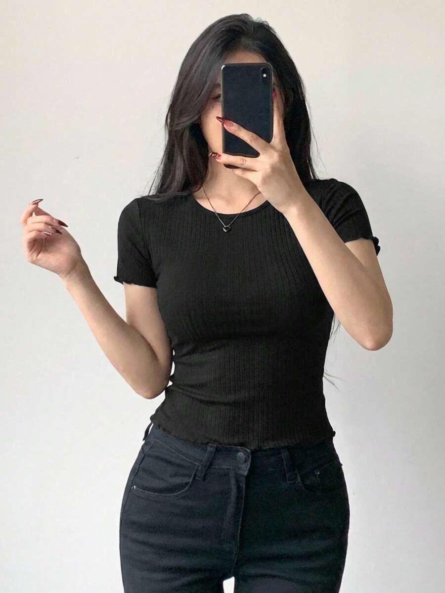 DAZY Kaos Wanita Polos Leher Bulat Lengan Pendek Kasual Serbaguna untuk Musim Panas - Hitam - View 1