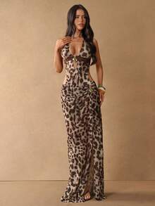 SHEIN BAE 1 Set Leopard Print Backless Deep V-Neck Metal Decor Swimsuit & High Slit Maxi Skirt, 2-Piece Swimwear Set,Beige Summer Casual Beach Vacation Fall - Brown - View 4