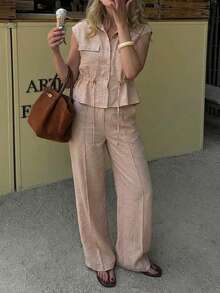 Briarwyn Bộ áo và quần dài nữ màu trơn dáng thường ngày có dây rút - Màu be - Xem 8