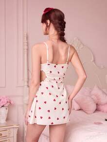 Bonmuse 女士睡衣，腰部镂空褶皱细肩带，印花设计 - 杏色 - 查看 2