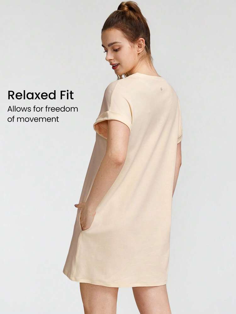 Modal Cotton Blend Loose Fit T-Shirt Dress With Side Pockets Daily Casual