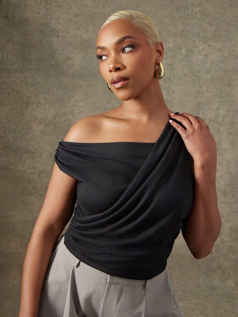 Vixey Áo thun công sở tay ngắn, chất liệu jersey trơn, cổ lệch xếp ly, kiểu dáng không đối xứng. - màu đen - Xem 1