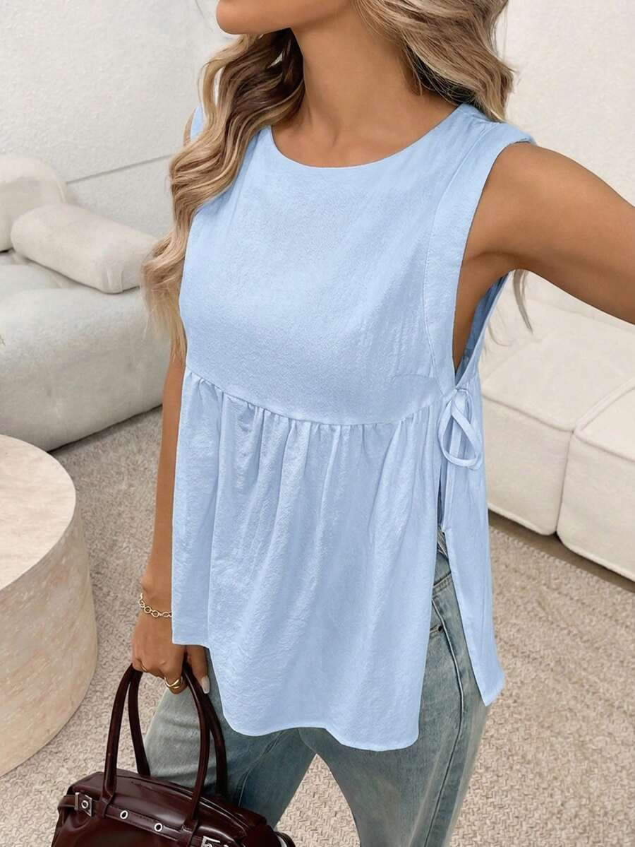SHEIN LUNE 女士纯色圆领荷叶边侧系带休闲背心夏季上衣女士优雅衬衫女士休闲优雅夏季上衣女士棉质上衣夏季休闲上衣女士新款休闲上衣 - 淺藍色 - 查看 1