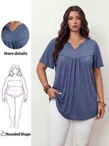 Enliva Plus Size Women Summer Solid Color Notched V-Neck Short Sleeve Casual T-Shirt, For Apple And Rounded Body Shape - Dusty Blue - View 1