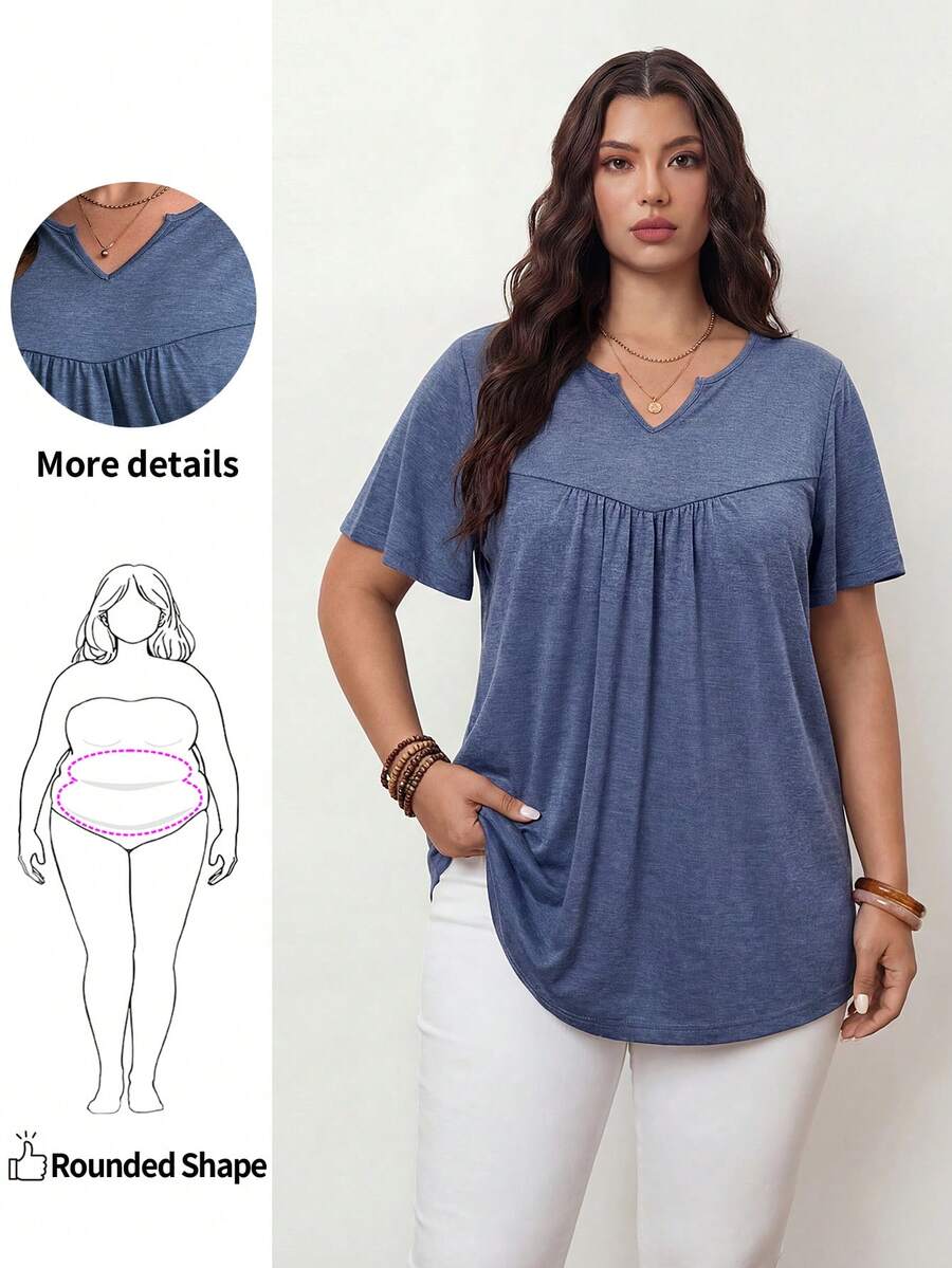 Enliva Plus Size Women Summer Solid Color Notched V-Neck Short Sleeve Casual T-Shirt, For Apple And Rounded Body Shape - Dusty Blue - View 1