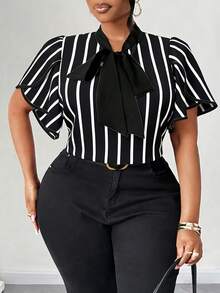 Maweii Plus Size Women's Elegant Romantic Heart Print Blouse With Bow Collar, Ruffle Trim And Contrast Color Design, New Spring/Summer - Black and White - View 5