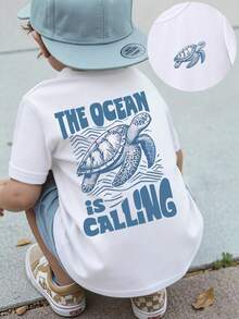 SHEIN 春夏男宝宝休闲时尚创意个性清新可爱简约海龟、波浪线、字母标语印花舒适基础款短袖T恤，温暖的夏秋款式，适合春、夏、秋季穿着。 - 白色 - 查看 7