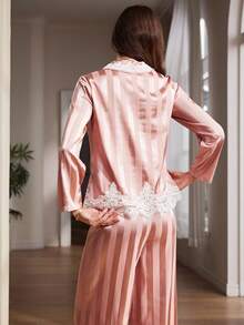 Women's Elegant Romantic High-End Lace Trim Striped Jacquard Satin Comfortable Sleepwear Set - Pink - View 2