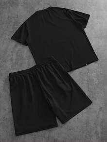 PAVTROS 男士字母印花圆领短袖T恤搭配抽绳短裤，休闲日常穿搭 - 彩色 - 查看 2