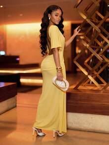 Slaydiva 2025 New Elegant Sexy Long Dress, Waist Cinched, High Slit, Batwing Sleeves, Cream Yellow, For Party, Birthday, Bar, Nightclub, Valentine's Day, Halloween, Christmas, Wedding, Cocktail - Pale Yellow - View 4