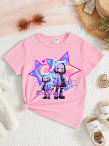 女童休闲创意可爱卡通猫咪星星印花短袖T恤，舒适百搭，适合春、夏、秋季日常穿着。 - 粉色 - 查看 3