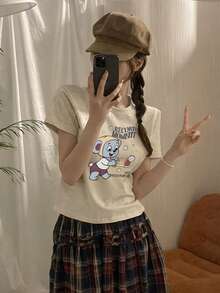 DAZY Women's Round Neck Fitted Printed Short Sleeve T-Shirt Graphic Tees Women Summer - Apricot - View 5