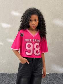 Camiseta corta casual de punto con cuello en V y gráfico numérico para niña preadolescente - Rosa - Ver 5