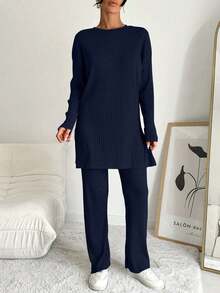 Cottnline 100%Cotton Women's Solid Color Striped Round Neck Top And Pants Two Piece Set - Navy Blue - View 3