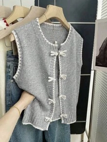 Franclia New Korean Design Contrast Stitching Layered Knit Vest For Women, Fashionable Sleeveless Cardigan Top For Autumn/Winter - Light Grey - View 9