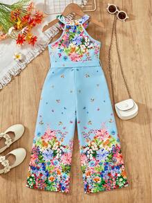 Mono informal con estampado floral y nudo para niña para uso diario - Celeste - Ver 2