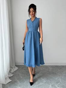 Elenzga Women's Elegant Romantic Sleeveless V-Neck Dress - Medium Wash - View 8