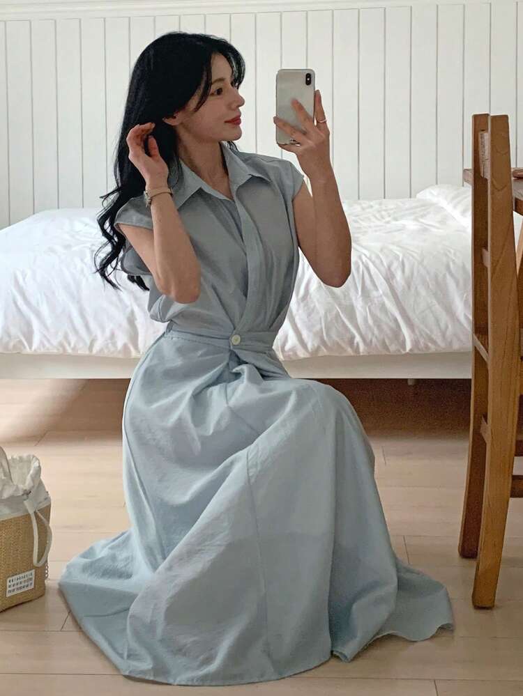 Women's Casual Solid Color Waist Cinched Mid-Length Dress Summer Sun Dresses For Women