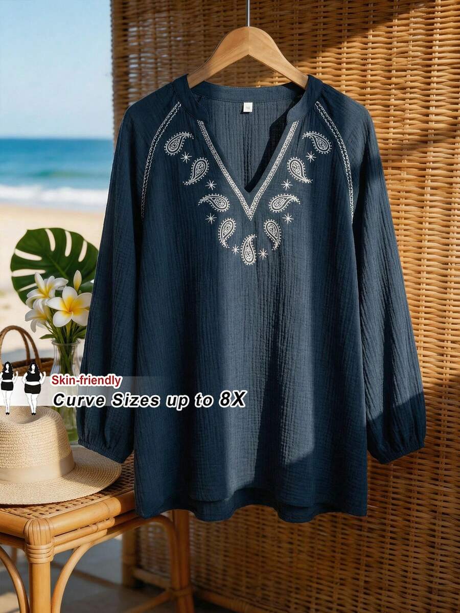 SHEIN CURVE+ Áo thun dài tay dài tay kiểu Bohemian màu trơn, tay lửng, họa tiết Paisley thêu tương phản, dáng suông, size US22, thích hợp cho lễ hội âm nhạc, kỳ nghỉ bên bờ biển, phong cách Bohemia. - Màu xanh lam - Xem 1