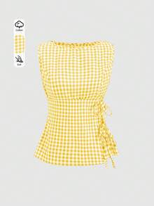 Sweetra 复古格子圆领设计学院风性感少女无袖衬衫，夏季新款系带修身精致甜美女式衬衫 - 黃色 - 查看 2