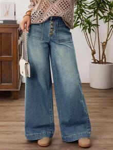 Enliva Plus Size Women Loose Fit Button Front Pocket Design Wide Leg Casual Jeans, For Apple And Rounded Body Shape - Blue - View 3