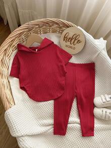 Babygirl Cute Simple Solid Color Knit Elastic Short Sleeve Hoodie Top And Drawstring Waist Pants Set,Kids - Red - View 5