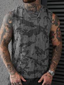 SLATEMANN 男士街头风做旧纹理提花圆领无袖时尚背心 - 深灰色 - 查看 6