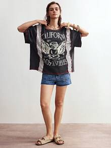 Bohemela Casual Knit Round Neck Loose Fit Short Sleeve T-Shirt For Women Graphic Tees Women Oversized T-Shirt Vintage T Shirts Women Black T-Shirt - Black - View 5