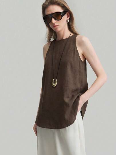 Ontre 2026SS Festival de Música, Concierto, Festival de Música Country, Atuendo de Actuación Musical para Mujer, Nuevo Lanzamiento 2025, Estilo Casual Cómodo Cuello Redondo Blusa de Lino Blanca sin Mangas con Recortes, Uso Versátil para Todas las Estaciones, Estilo Bohemio para Vacaciones en la Playa, Mismo Estilo que Influencers de Verano, Atmósfera Exótica de Concierto de Música Country Estilo Occidental, Tela Premium Cómoda