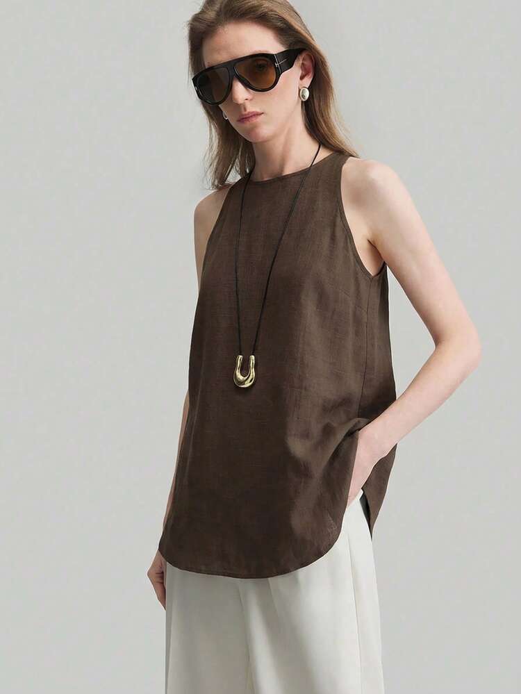 2026SS New Summer Music Festival, Concert, Country Music Festival Women's Outfit. Comfortable Casual Style Round Neck Hollow Out Sleeveless Linen White Ladies Tank Top. Daily Wear, Beach Outfit Boho Style Holiday Outfit, Indie Vibe, Country Music Concert Western Style High-Quality Comfortable Fabric, Office Wear, Fashionable Versatile Women's Top