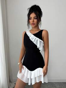 Elenzga Vestido de fiesta ajustado con escote en V, volantes y diseño de patchwork romántico y elegante en blanco y negro para mujer - Blanco y Negro - Ver 7