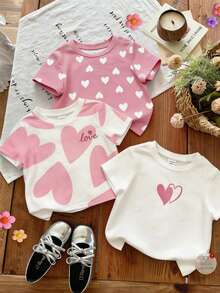 SHEIN 3pcs/Set Cute Babygirl Heart Pattern Knit Short Sleeve T-Shirts, Summer - Pink - View 8
