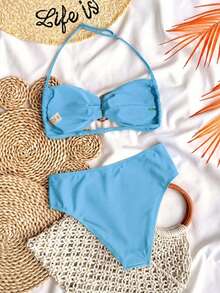 SHEIN 适合青少年女孩的纯色无肩带系带金属饰品比基尼套装，夏季泳装套装/沙滩女孩装/两件式泳衣/青少年比基尼套装 - 淺藍色 - 查看 2