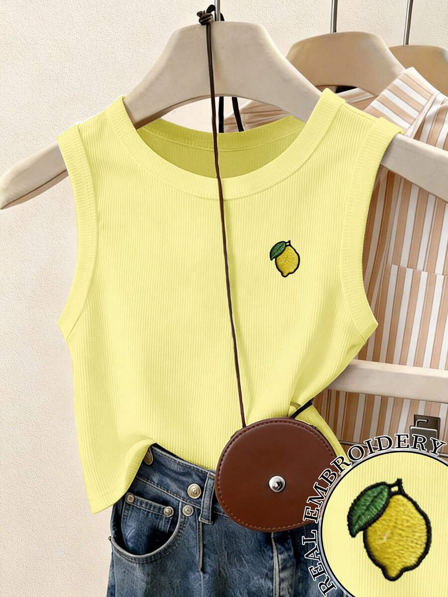 Resyla Women's Fitted Round Neck Tank Top With Embroidered Lemon Pattern - Yellow - View 1