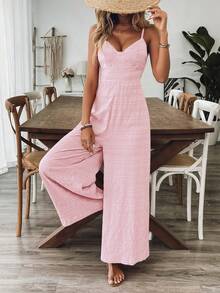 Breezaya 女士V领露背蝴蝶结吊带连体裤，玫瑰红，春夏款 - 粉色 - 查看 7