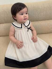 女婴可爱拼接彼得潘领蝴蝶结连衣裙 - 黑與白 - 查看 4