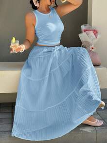GalTyme Conjunto de 2 piezas de top de tirantes de cuello redondo azul claro y falda midi, talla grande - Celeste - Ver 4