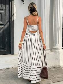 Serisse Đầm maxi nữ kẻ sọc xếp nếp, kiểu dáng thường ngày, thích hợp cho kỳ nghỉ. - Màu be - Xem 7