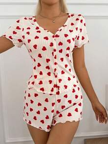 情人节女士睡衣套装，心形印花短袖短裤，可爱清新家居服 - 杏色 - 查看 5