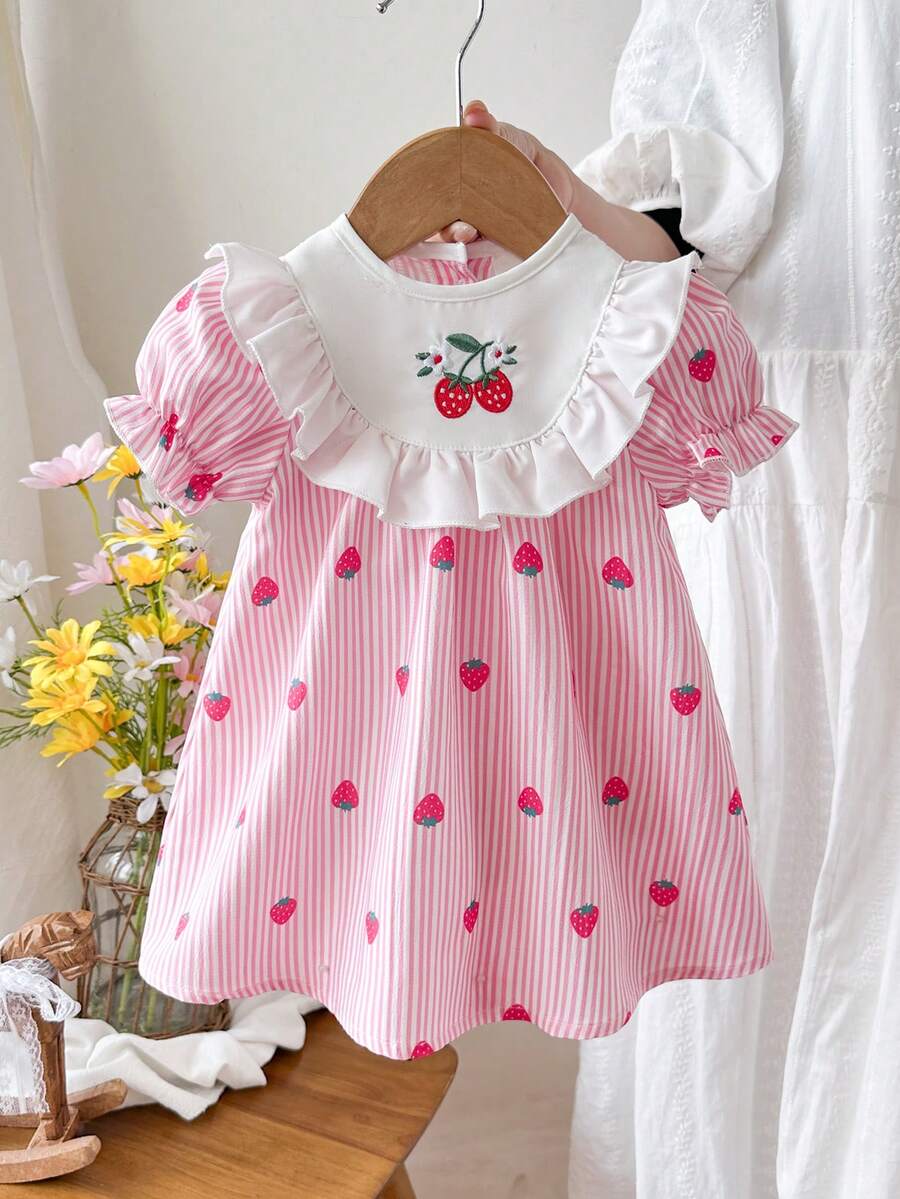 SHEIN Newly Born Baby Girl Light Pink Summer Cute Birthday White Lace Bubble Short Sleeved Dress Gold Rose Pattern Abaya Arabic Baby Clothing Party Gown - Pink - View 1