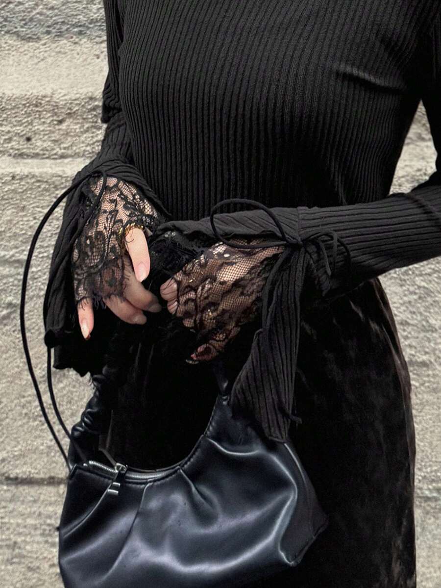FRIFUL Camiseta de manga larga con cuello alto de mujer con contraste de encaje y acanalado - Negro - Ver 1