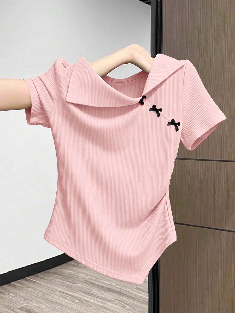 Everyssa Áo thun nữ trang trí nơ bất đối xứng - Hồng - Xem 1